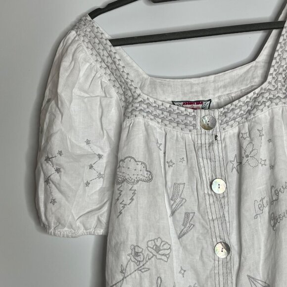 Johnny Was Short Sleeve Embroidered Square Neck Sovanna Wander Top White Gray S - Picture 3 of 9